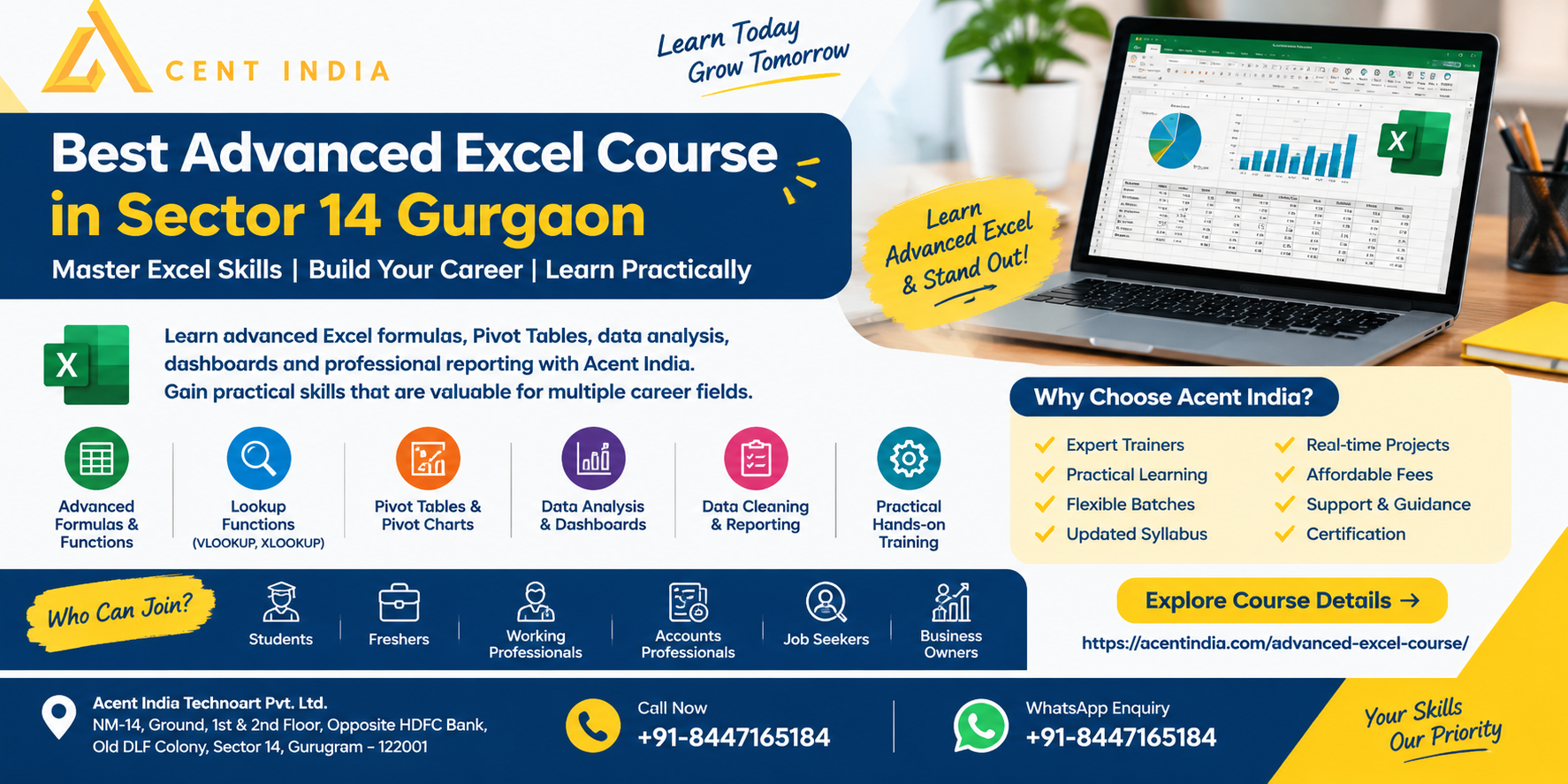 Best Advanced Excel Course in Sector 14 Gurgaon at Acent India featuring Excel formulas, Pivot Tables, data analysis, dashboards and practical training